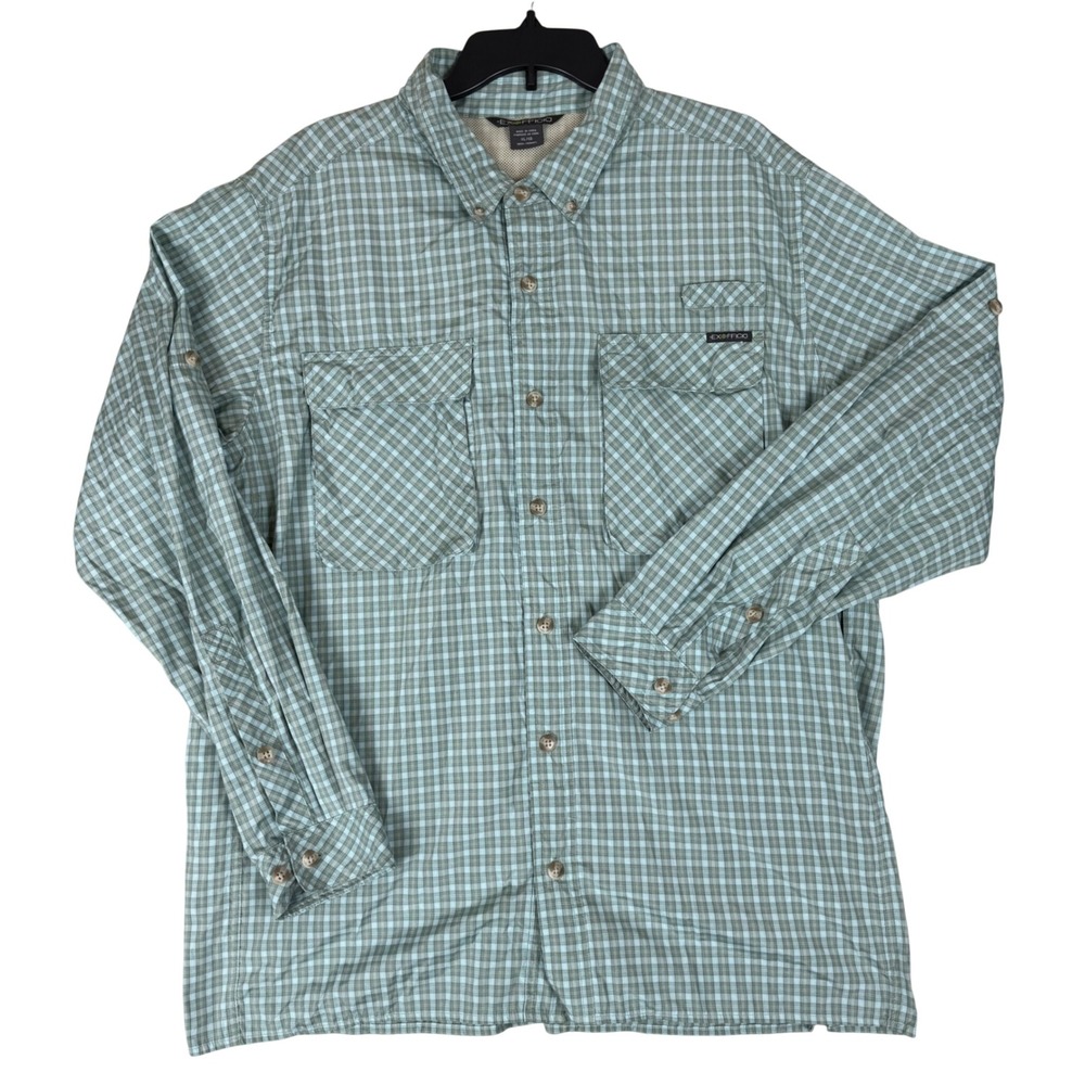 ExOfficio Fishing Shirt XL Plaid Green Blue Long Sleeve Ventilated Hiking 9220